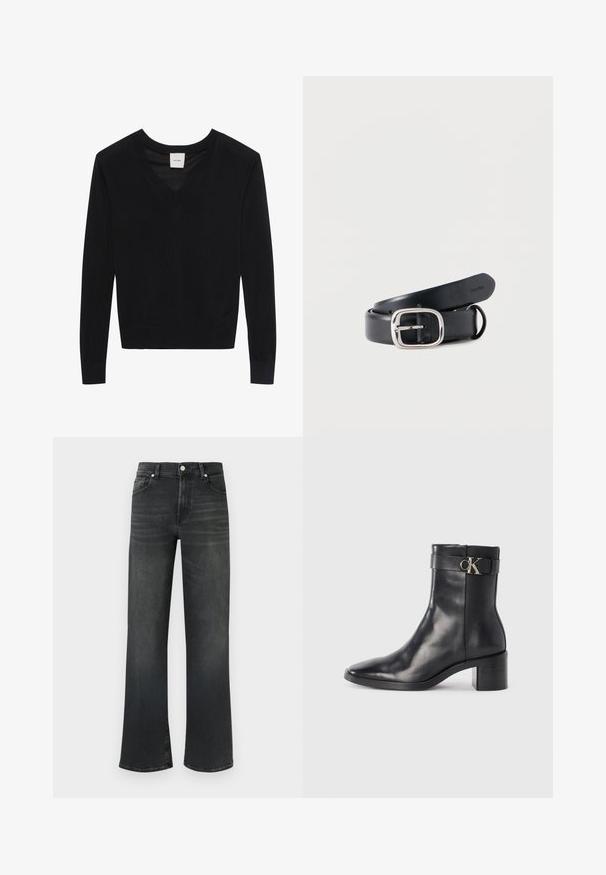 Pull noir à manches longues avec col en V, poignets et ourlet côtelés, étiqueté Calvin Klein au niveau du col.; Jean en denim noir avec une taille haute et une coupe large. Il comprend cinq poches et une fermeture par bouton, avec un léger délavage du tissu.; Botte de cheville en cuir noir avec un bout pointu, un talon carré et une sangle avec un détail de logo métallique. Texture lisse et design minimaliste.; Ceinture en cuir noir avec une boucle rectangulaire argentée. Texture lisse, avec des trous perforés pour l'ajustement et un intérieur marqué de la marque.