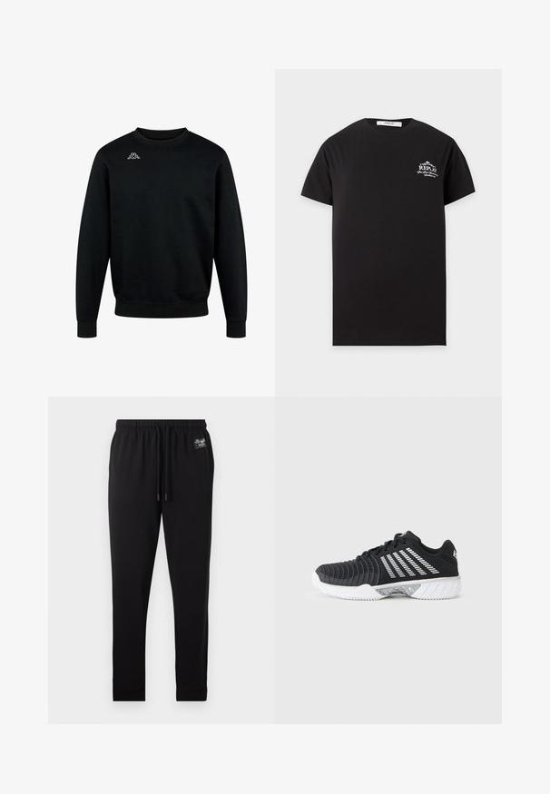 Sweat-shirt noir à col rond, manches longues, avec un petit logo blanc Kappa sur le haut gauche de la poitrine.; T-shirt noir à manches courtes avec col rond, petit logo blanc Replay et texte sur la poitrine gauche, sur fond gris clair.; Pantalon de jogging noir fuselé avec taille élastique, cordon, poignets côtelés aux chevilles et un petit patch logo blanc près de la poche droite.; Chaussure de sport noire avec semelle blanche antidérapante, rayures blanches diagonales sur le côté, bout texturé et fermeture à lacets sur fond gris.