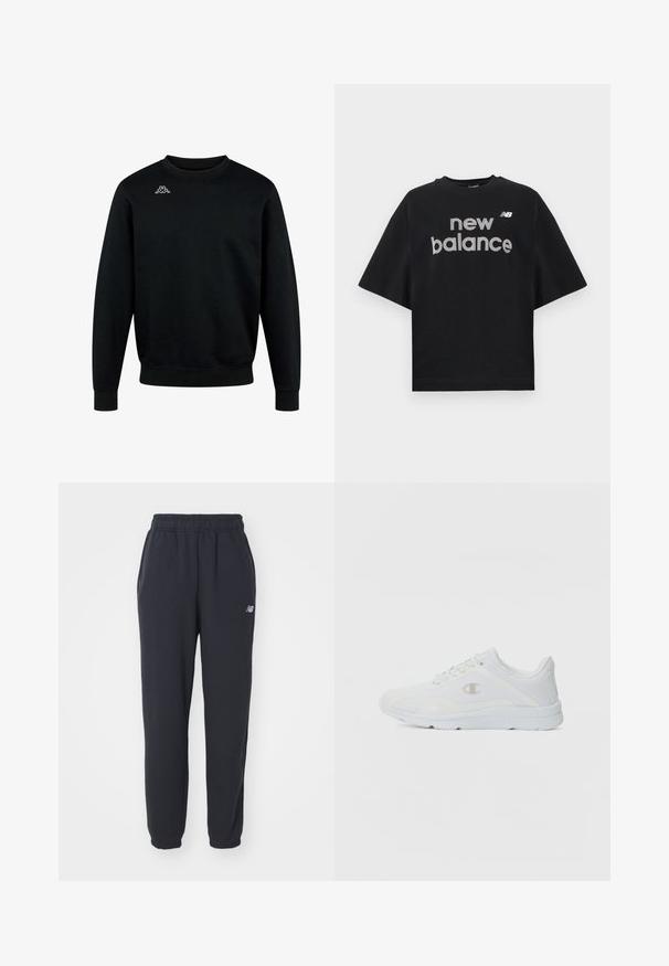 Schwarzes Sweatshirt mit Rundhalsausschnitt, langen Ärmeln und kleinem weißen Kappa-Logo auf der oberen linken Brust.; Schwarzes Kurzarm-T-Shirt mit weißem "new balance" Schriftzug und kleinem "NB" Logo auf der Brust, vor neutralem Hintergrund präsentiert.; Schwarze Jogginghose mit einem elastischen Bund, zwei Seitentaschen und einem kleinen weißen Logo auf der linken Hüfte. Gefertigt aus weichem Stoff mit glatter Textur.; Weiße Sportschuhe mit einem strukturierten Mesh-Obermaterial, gepolstertem Schaft und kontrastierendem Logo an der Seite. Verfügt über eine leichte Gummisohle.