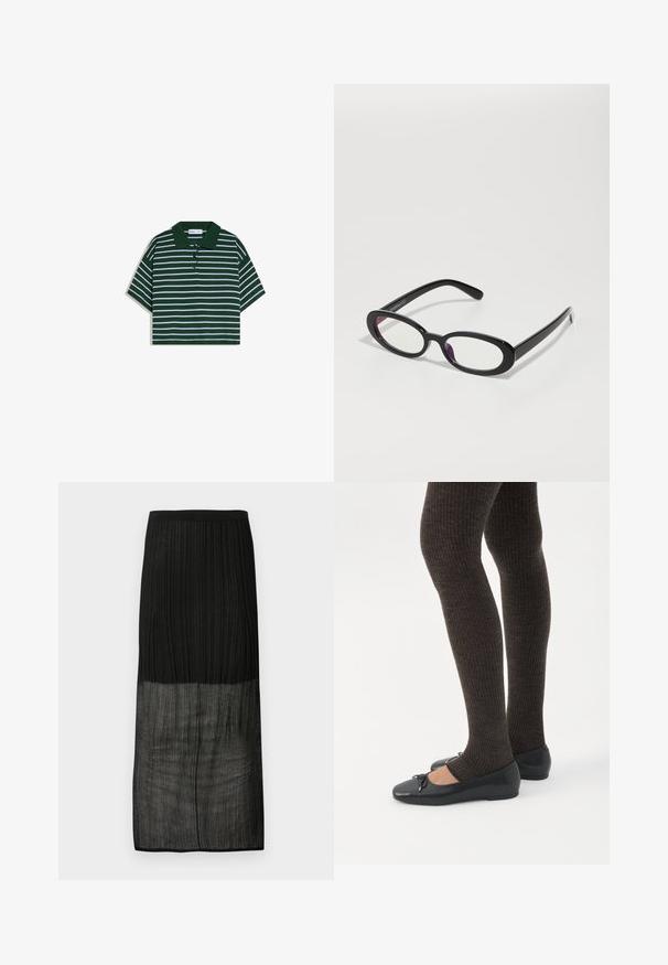 Polo vert foncé coupé avec des rayures horizontales blanches et une patte de boutonnage à trois boutons.; Jupe midi noire côtelée avec une moitié inférieure transparente et une ceinture élastique, présentée à plat sur un fond blanc.; Jambes portant des leggings côtelés foncés associés à des ballerines noires avec de petits détails en nœud sur fond blanc.; Lunettes ovales noires avec des verres transparents, présentant une finition lisse et des branches larges. Les verres ont une teinte violette subtile. Logo sur le côté.