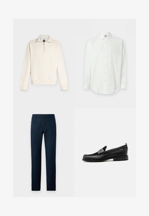 Pull à manches longues couleur crème avec texture côtelée, fermeture éclair placée sur un quart devant et col montant.; Chemise blanche à manches longues avec devant boutonné, col classique et poignets, présentée sur un fond clair uni.; Pantalon droit bleu marine avec passants pour ceinture, fermeture à boutons et braguette zippée sur un fond clair uni.; Mocassin en cuir noir avec détail de bride grise, talon bas et semelle texturée, marqué "HUGO" en or sur le côté.