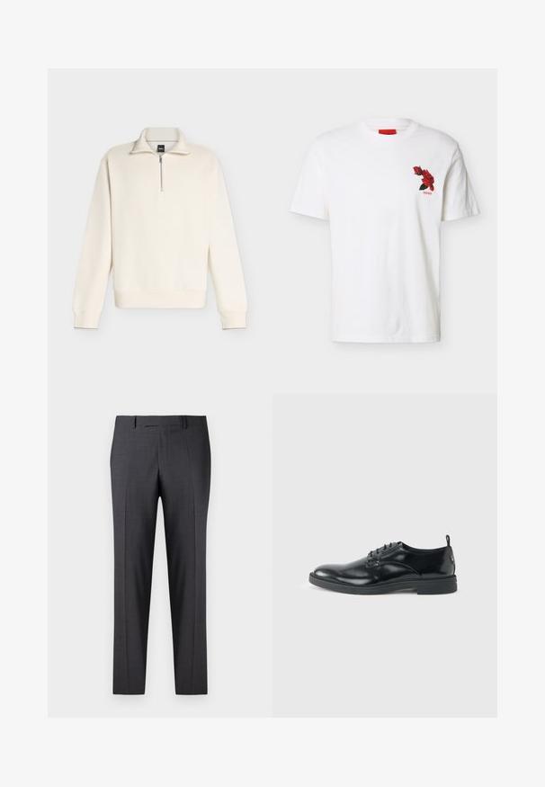 Pull à manches longues couleur crème avec texture côtelée, fermeture éclair placée sur un quart devant et col montant.; T-shirt blanc à manches courtes avec col rond, petit motif rouge de rose et texte "HUGO" sur la poitrine gauche.; Pantalons gris foncé ajustés en tissu lisse et texturé ; dotés d'un devant plat et de jambes droites ; design minimaliste sans accents visibles.; Chaussure habillée en cuir noir brillant avec un petit talon, fermeture à lacets et bout rond, vue de côté sur un fond uni et clair.