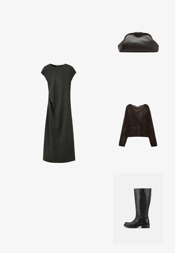Top de manga larga en estilo crochet de color marrón oscuro, con un corte holgado y textura de tejido abierto, con un cuello redondo y hombros caídos.; Vestido midi de manga corta con cuadros en verde oscuro, con escote redondo y un detalle sutil de costura diagonal en la falda.; Bota alta de cuero negro con tacón bajo en bloque y punta redondeada, parte superior lisa con costuras mínimas sobre un fondo liso.; Bolso de mano de cuero negro suave con un marco redondeado y un pequeño cierre en la parte superior central.