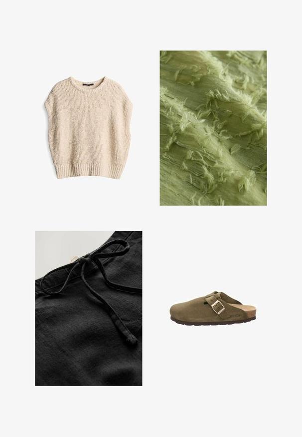 Pull en maille crème avec une coupe ample, des manches courtes, un ourlet côtelé et un motif texturé, fabriqué à partir d'un matériau doux et confortable.; Tissu texturé vert clair aux bords effilochés, montrant des couches et des variations d'épaisseur. Matériau doux et fluide avec une légère brillance.; Shorts noirs en lin avec une taille à cordon. Le tissu présente une texture subtile, avec une surface lisse et des détails de couture minimaux.; Sabot en daim vert avec une large sangle et une boucle en métal, semelle en liège et semelle extérieure en caoutchouc. Comprend un petit trou de ventilation sur la partie supérieure.