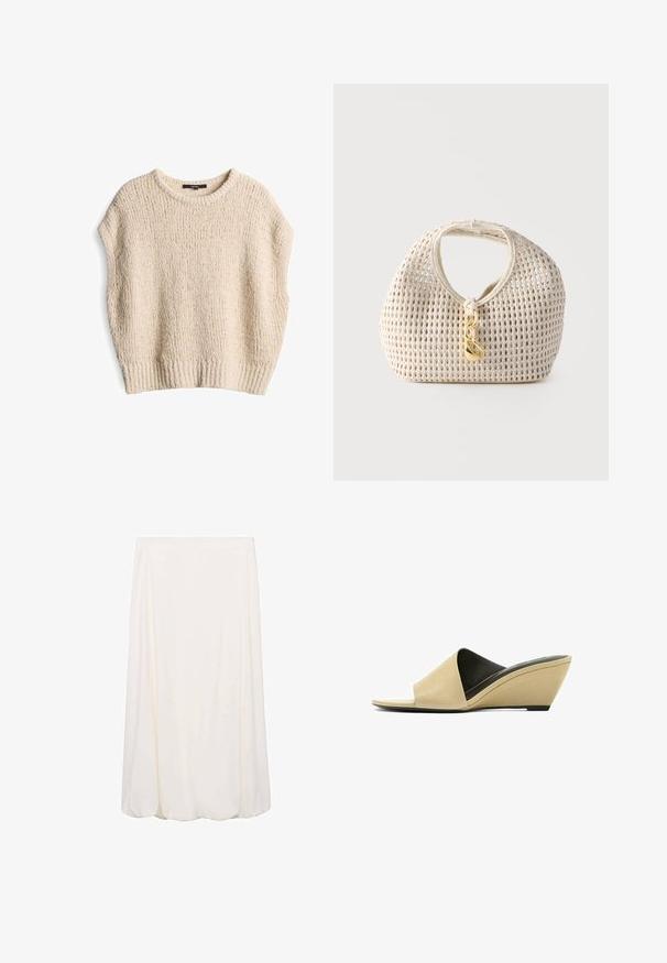 Pull en maille crème avec une coupe ample, des manches courtes, un ourlet côtelé et un motif texturé, fabriqué à partir d'un matériau doux et confortable.; Jupe blanche mi-longue avec un design fluide et une texture douce. Style simple sans motifs visibles ni détails en métal.; Sandale compensée beige à bout ouvert avec une large bride et une semelle intérieure noire rembourrée, sur fond blanc.; Sac à main tressé de couleur crème, forme arrondie, poignée courte et fermoir décoratif doré suspendu au centre devant.
