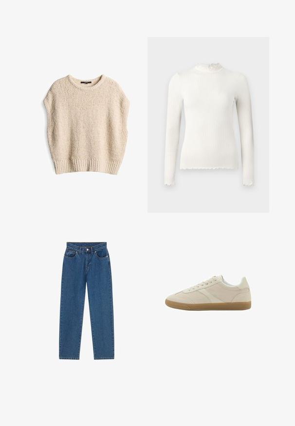 Pull en maille crème avec une coupe ample, des manches courtes, un ourlet côtelé et un motif texturé, fabriqué à partir d'un matériau doux et confortable.; Top blanc à manches longues en maille côtelée avec encolure haute et ourlet à bord ondulé, coupe ajustée, présenté sur un fond uni gris clair.; Petit Bateau PETIT BATEAU JEANS - Jean droit - denim moyen; Baskets basses en daim beige avec accents blancs, lacets beiges et semelle en caoutchouc gomme, vues de profil sur fond blanc.