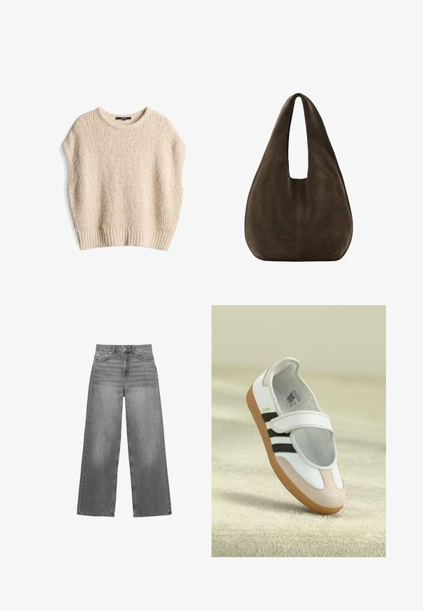 Pull en maille crème avec une coupe ample, des manches courtes, un ourlet côtelé et un motif texturé, fabriqué à partir d'un matériau doux et confortable.; Jean large gris en denim, avec une taille mi-haute, cinq poches et une légère décoloration sur les jambes.; Chaussure blanche avec un embout en daim rose, des rayures noires et une sangle Velcro. Dispose d'une semelle en caoutchouc brun et d'un logo sur le côté.; Sac hobo en daim marron foncé doux avec une large bandoulière unique et un fond arrondi sur fond blanc.