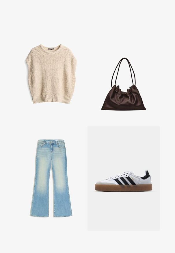 Crème gebreide trui met een losse pasvorm, korte mouwen, geribbelde zoom en een textuurpatroon, gemaakt van zacht, comfortabel materiaal.; Lichtblauwe high-waist jeans met wijde pijpen, voor- en achterzakken, knoop- en ritssluiting, en een vervaagde wassing op de dijen.; Witte leren sneakers met zwarte strepen, gumrubberen buitenzool, ronde neus, vetersluiting en een zachte grijze suède neuskap.; Zachte donkerbruine leren handtas met een slungelige vorm en twee dunne schouderbandjes tegen een witte achtergrond.