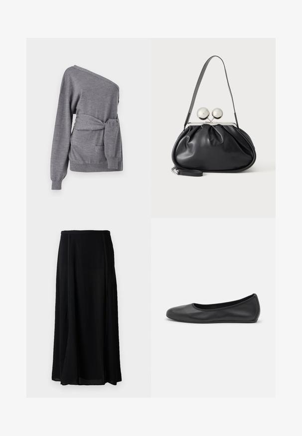 Asymmetrisk grå sweater lavet af blødt materiale, med en bæltet talje, et enkelt skulderdesign og en frontlomme.; Sort maxi-nederdel lavet af letvægtsmateriale, med et flydende design, ensfarvet sort farve og subtile detaljer i sidesømmen.; Sort læderballetsko med rund tå, glat tekstur, minimal syning og et fleksibelt såldesign.; Sort læderhåndtaske med opsamlet design, en enkelt rem, sølv metalramme og to store runde sølv lukninger.