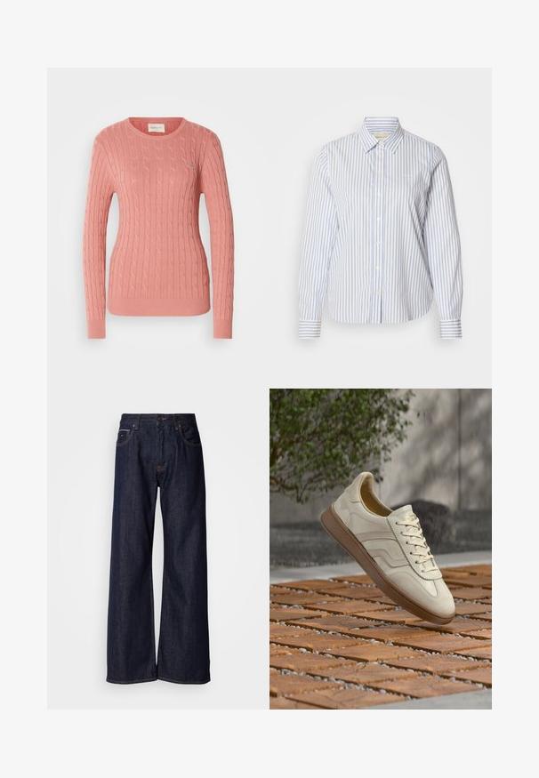 Suéter de punto trenzado en suave color rosa, con un cuello redondo y mangas largas. El patrón texturizado añade profundidad. Sutil marca en el pecho.; Camisa de rayas azules y blancas con botones, cuello clásico, mangas largas y dobladillo recto. La tela tiene una textura suave.; Jeans de mezclilla oscura de pierna ancha con una cintura alta, con bolsillos frontales y detalles de costura sutiles. Textura suave con un corte clásico.; Zapatilla de color crema con suela de goma beige texturizada, diseño con cordones y sutiles detalles de marca en el lateral. Parte superior de cuero liso.