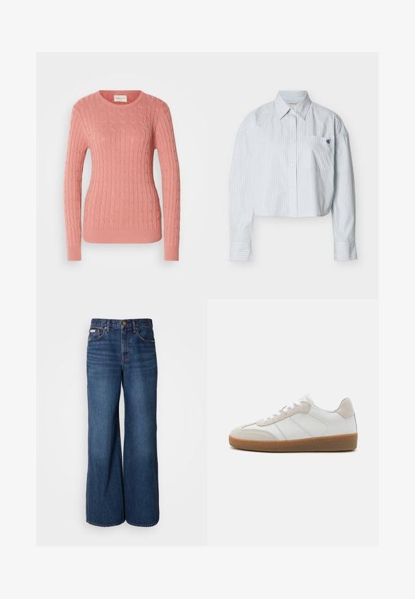 Garnet strikket sweater i blød pink, med rund halsudskæring og lange ærmer. Det strukturerede mønster tilføjer dybde. Subtil branding på brystet.; Kort skjorte med knapper i lyseblå med lodrette hvide striber, med brystlomme og en lille logo på venstre side.; Bredde jeans lavet af mørkeblåt denim. Funktioner inkluderer en høj talje, fem lommer og kontrasterende orange syninger langs sømmene.; Hvide lædersneakers med beige ruskindsdetaljer, struktureret tunge og gummisål. Har hvide snørebånd og diskrete stikninger.