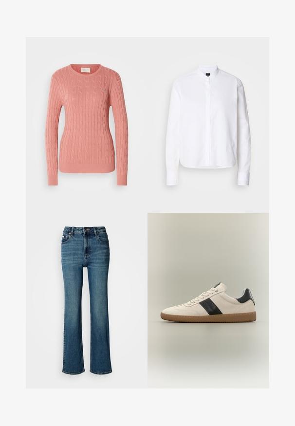Pull en maille torsadée de couleur rose doux, avec un col rond et des manches longues. Le motif texturé ajoute de la profondeur. Marque discrète sur la poitrine.; Chemise blanche à col avec patte de boutonnage à l'avant, manches longues et poignets à boutons. Fabriquée en coton lisse avec une coupe structurée.; Jean bleu taille haute en denim, avec une coupe droite, un léger délavé et une fermeture standard par bouton et zip.; Sneakers basses beige avec lacets blancs, bande latérale noire, languette au talon et semelle en gomme marron sur fond neutre.