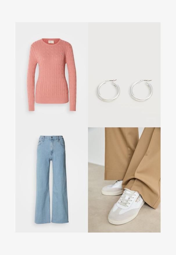Garnet strikket sweater i blød pink, med rund halsudskæring og lange ærmer. Det strukturerede mønster tilføjer dybde. Subtil branding på brystet.; Lyseblå vidde jeans lavet af denim, med en tætsiddende talje, fem-lomme design og subtile syningsdetaljer.; Hvide sneakers med ruskinddetaljer, strukturerede snørebånd og gummisål. Kombineret med løse, brune bukser. Logoet er vist på siden.; Par mellemstore skinnende sølv hoops øreringe med tynde metal spænder på en lys neutral baggrund.