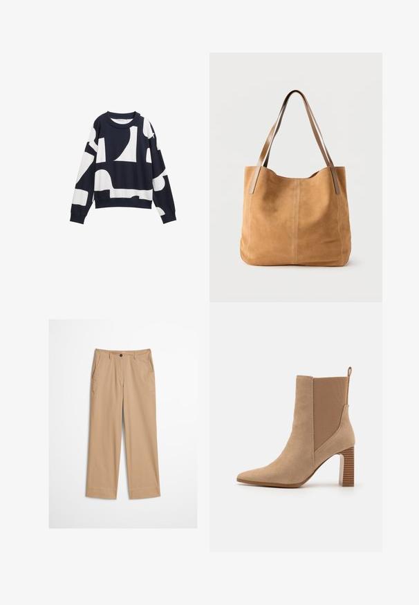 Sweatshirt bleu marine avec des formes blanches abstraites, fabriqué en tissu doux. Dispose d'un col rond et de poignets côtelés pour une coupe décontractée.; Pantalon beige en coton avec jambes droites, fermeture à bouton sur le devant et texture lisse. Comprend des passants de ceinture standard et un design à l'avant plat.; Bottes chevilles beiges en daim avec des panneaux latéraux élastiques, bout pointu et un talon bloc rayé. Comprend une languette à l'arrière.; Sac fourre-tout en daim beige avec de longues anses en cuir marron clair, texture douce et couture simple sur un fond blanc uni.