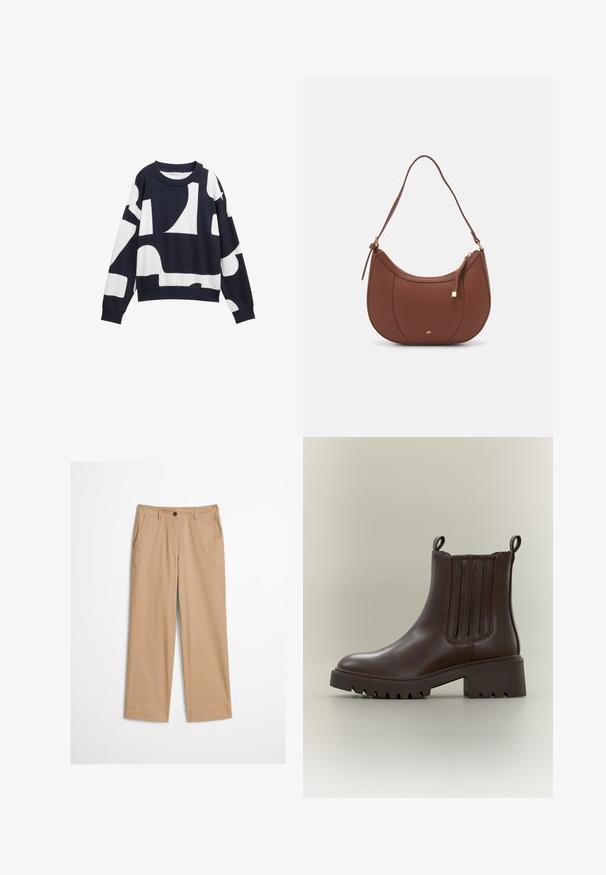 Sweatshirt bleu marine avec des formes blanches abstraites, fabriqué en tissu doux. Dispose d'un col rond et de poignets côtelés pour une coupe décontractée.; Pantalon beige en coton avec jambes droites, fermeture à bouton sur le devant et texture lisse. Comprend des passants de ceinture standard et un design à l'avant plat.; Bottine en cuir brun foncé avec panneaux latéraux élastiques, languettes, semelle épaisse et petit talon bloc sur fond neutre.; Sac à épaule en faux cuir brun, de forme arrondie, avec des coutures minimales et un accent en matériel doré. Il possède une fermeture zippée sur le dessus et une sangle réglable.