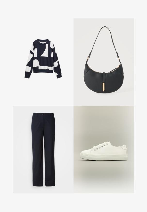 Sweatshirt bleu marine avec des formes blanches abstraites, fabriqué en tissu doux. Dispose d'un col rond et de poignets côtelés pour une coupe décontractée.; Pantalon en coton bleu marine à coupe droite, doté d'une fermeture à bouton sur le devant, sans motifs ni ornements visibles.; Baskets basses blanches avec lacets blancs et semelle en caoutchouc, vues de côté sur un fond neutre.; Sac à main noir en forme de croissant avec une bandoulière unique, une fermeture éclair dorée et une languette décorative rectangulaire dorée à l'avant.