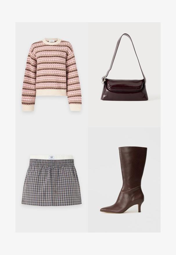 Pull tricoté avec des rayures horizontales en rose, crème et brun. Col rond classique, poignets et ourlet côtelés avec une texture douce.; Shorty boxer à carreaux marron, bleu et blanc avec une taille élastique et une étiquette blanche au centre devant.; Bottine marron en simili cuir avec un bout pointu, un imprimé serpent texturé et un talon de 5 cm, présentant un design élégant et épuré.; Sac à bandoulière en cuir bordeaux foncé avec fermeture à rabat et une fine sangle réglable, présenté sur un fond clair uni.