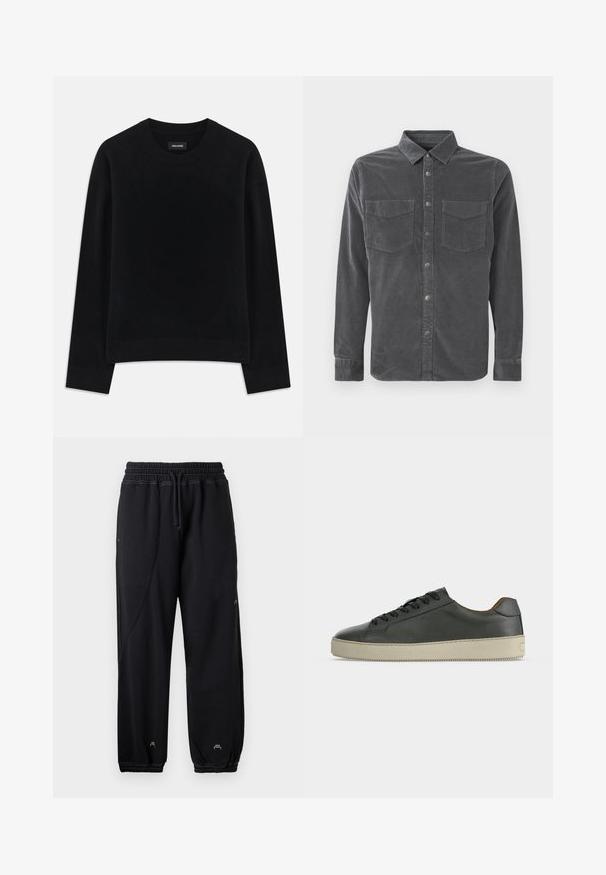 Pull noir en tissu doux, à col rond, à manches longues, avec une coupe décontractée et un ourlet côtelé. Design simple et uni, sans motifs.; Chemise en velours côtelé gris foncé à manches longues, avec un col, des boutons pressions sur le devant, et deux poches poitrine avec rabats.; Pantalons de survêtement noirs avec une taille élastique et un cordon de serrage. Comprend des poches latérales et des poignets élastiques, fabriqués dans un tissu doux.; Baskets basses en cuir noir avec lacets noirs et semelle en caoutchouc écrue, vues de côté extérieur sur fond blanc.
