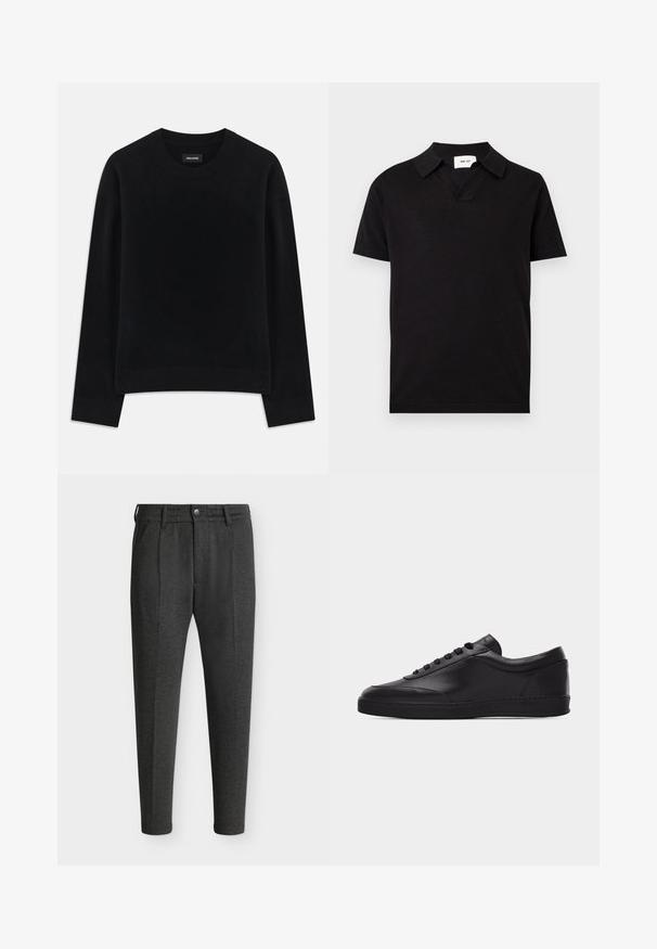 Pull noir en tissu doux, à col rond, à manches longues, avec une coupe décontractée et un ourlet côtelé. Design simple et uni, sans motifs.; Polo noir à manches courtes avec une encolure en V avec une fente et un col classique, présenté sur un fond gris.; Pantalon gris foncé cintré avec fermeture par bouton, passants de ceinture, poches avant et coupe ajustée, sur fond blanc.; Baskets basses en cuir noir avec lacets sur le devant et semelle en caoutchouc plate, vues de côté sur un fond blanc uni.