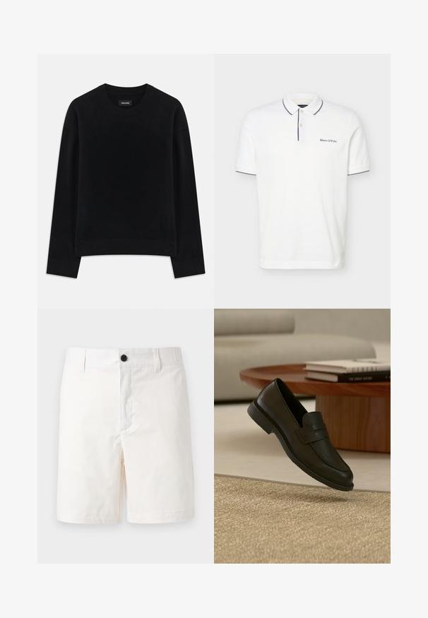 Sort sweater lavet af blødt stof, med rund hals, lange ærmer, afslappet pasform og ribbet kant. Enkelt, ensfarvet design uden mønstre.; Hvid polo t-shirt med korte ærmer, to knapper, sort kant på krave og ærmer samt "Marc O'Polo" logo på venstre bryst.; Hvide shorts til knæet med bæltestropper og en sort knap i taljen, vist på en ensfarvet lys baggrund.; Sort læderloafer vist i luften over en beige vævet tæppe, med et træbord og stablede bøger i et blødt oplyst stue.