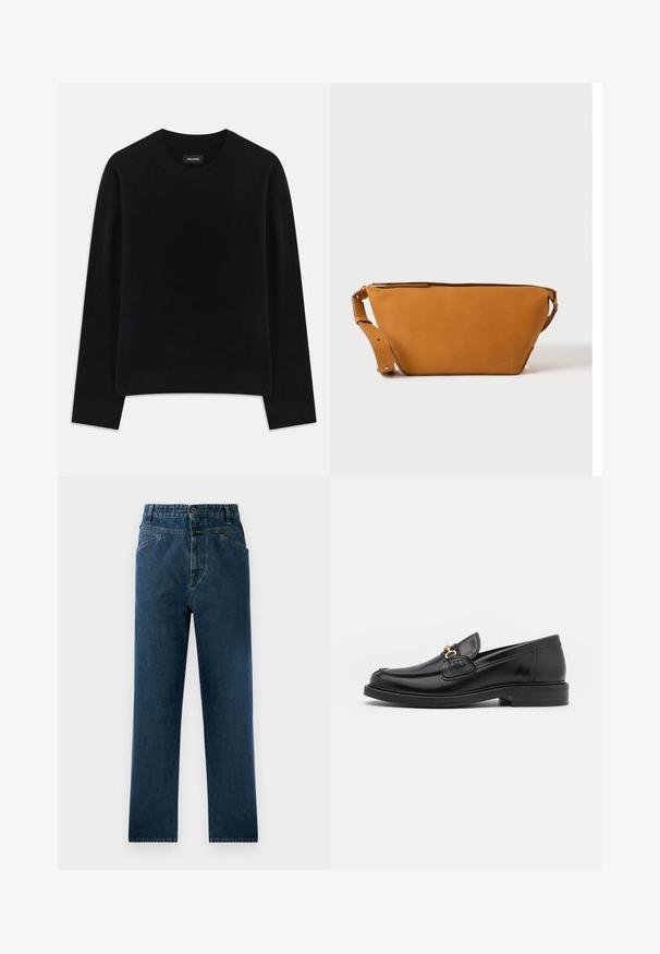 Pull noir en tissu doux, à col rond, à manches longues, avec une coupe décontractée et un ourlet côtelé. Design simple et uni, sans motifs.; Jean droit en denim bleu foncé avec taille haute, comprenant des poches avant et une fermeture à bouton. Tissu texturé avec un léger dégradé.; Mocassins en cuir noir avec un embout rond, présentant des accents en métal doré et des détails de couture, montés sur une semelle en caoutchouc texturé et basse.; Sac bandoulière en cuir marron clair avec sangle réglable et fermeture éclair, présenté sur un fond clair uni.