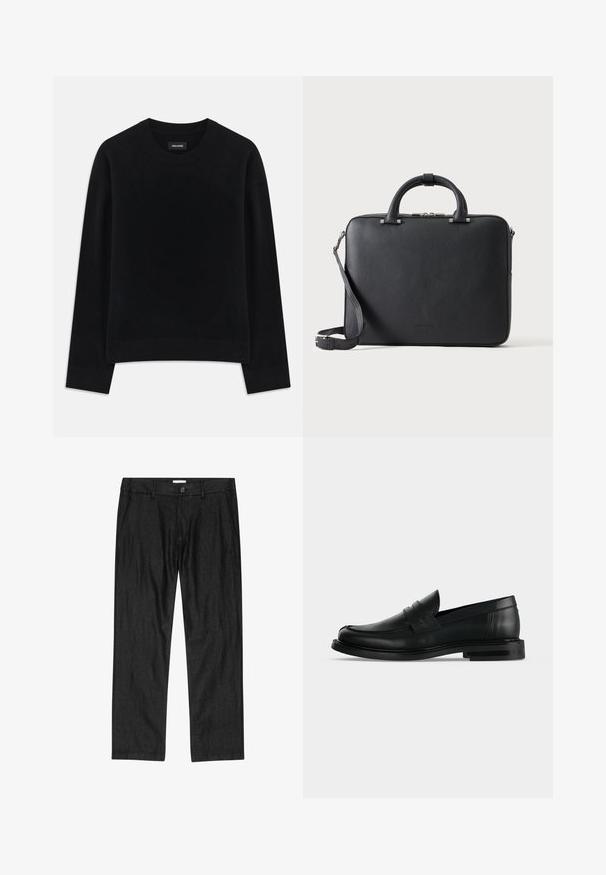 Pull noir en tissu doux, à col rond, à manches longues, avec une coupe décontractée et un ourlet côtelé. Design simple et uni, sans motifs.; Pantalon droit pour homme noir avec bouton à l'avant, braguette à glissière et poches latérales, présenté à plat sur fond blanc.; Mocassin penny pour homme en cuir noir avec talon bas empilé et bout arrondi, vu de profil sur fond gris clair.; Mallette en cuir noir texturé avec double poignée, bandoulière amovible et fermeture éclair supérieure sur un fond clair uni.