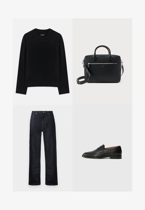 Pull noir en tissu doux, à col rond, à manches longues, avec une coupe décontractée et un ourlet côtelé. Design simple et uni, sans motifs.; Jean en denim bleu foncé avec un design à jambe droite, cinq poches et des détails de surpiqûre orange. Fermeture à bouton en métal et zip.; Mocassin en cuir noir avec un bout arrondi, des coutures subtiles et un talon bas, présentant une texture lisse et un design minimaliste.; Serviette rectangulaire en cuir noir texturé avec double poignée, poche avant zippée et bandoulière réglable présentée sur fond blanc.