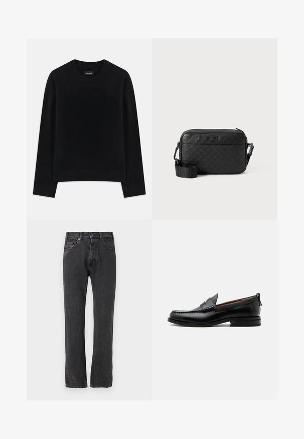 Sort sweater lavet af blødt stof, med rund hals, lange ærmer, afslappet pasform og ribbet kant. Enkelt, ensfarvet design uden mønstre.; Sorte jeans med lige ben, frontknap og lynlås, for- og baglommer, vist mod en hvid baggrund.; Sort læder herre loafer med moc-tå syning, penny strop, struktureret krave og lav stablet hæl på hvid baggrund.; Sort tekstureret crossover-taske med prægede geometriske mønstre og justerbar rem med brandlogo.