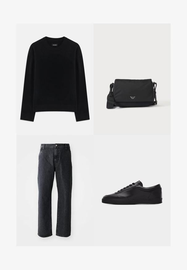 Pull noir en tissu doux, à col rond, à manches longues, avec une coupe décontractée et un ourlet côtelé. Design simple et uni, sans motifs.; Jeans en denim noir à coupe droite, avec une fermeture à bouton, cinq poches et une texture subtile. Design classique sans motifs proéminents.; Baskets basses en cuir noir avec lacets sur le devant et semelle en caoutchouc plate, vues de côté sur un fond blanc uni.; Sac bandoulière noir avec sangle réglable et petit emblème logo argenté sur le rabat avant, présenté sur un fond clair uni.