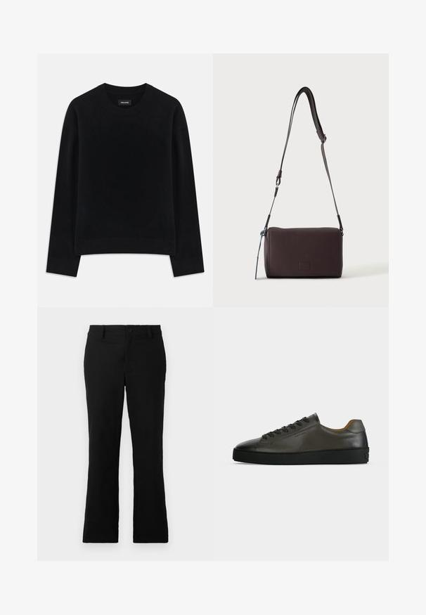 Pull noir en tissu doux, à col rond, à manches longues, avec une coupe décontractée et un ourlet côtelé. Design simple et uni, sans motifs.; Pantalons évasés noirs en tissu mélangé coton, dotés d'une fermeture à bouton, de passants de ceinture et d'une texture lisse sans motifs visibles.; Basket basse en cuir gris foncé avec lacets et semelle noirs, design minimaliste, profil latéral sur un fond clair uni.; Sac bandoulière en cuir marron foncé texturé avec une sangle réglable et un petit accent décoratif bleu sur le côté.