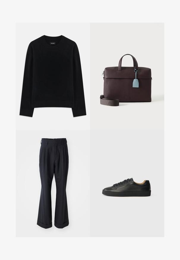 Sort sweater lavet af blødt stof, med rund hals, lange ærmer, afslappet pasform og ribbet kant. Enkelt, ensfarvet design uden mønstre.; Sorte skræddersyede bukser med en afslappet pasform, plisseret forside og vide ben. Har en opsmøg i bunden og en glat stofstruktur.; Sorte lavtop lædersneakers med tekstureret overflade, sorte snørebånd og tyk gummisål, vist fra siden på en lys baggrund.; Mørkebrun lædermappe med top-håndtag, aftagelig skulderrem og lyseblå lædermærkat, der hænger fra et håndtag.