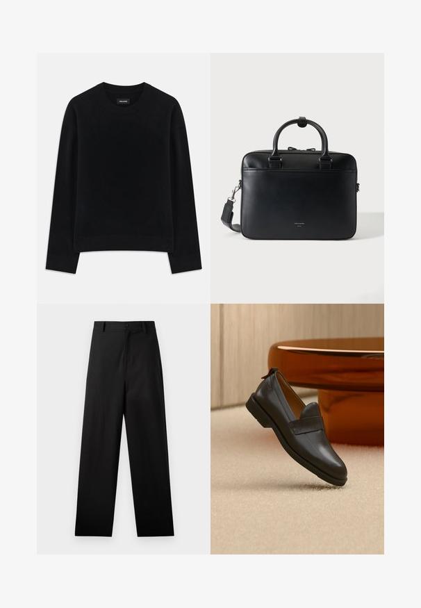 Pull noir en tissu doux, à col rond, à manches longues, avec une coupe décontractée et un ourlet côtelé. Design simple et uni, sans motifs.; Pantalons noirs en coton avec une coupe droite, dotés d'une fermeture à bouton à l'avant et de poches latérales. Texture lisse, sans motifs.; Mocassin en cuir noir à talon bas flottant au-dessus d'un tapis beige, à côté d'une table brillante couleur ambre dans une pièce minimaliste.; Porte-documents en cuir noir avec doubles poignées et bandoulière détachable, design minimaliste sur fond uni.