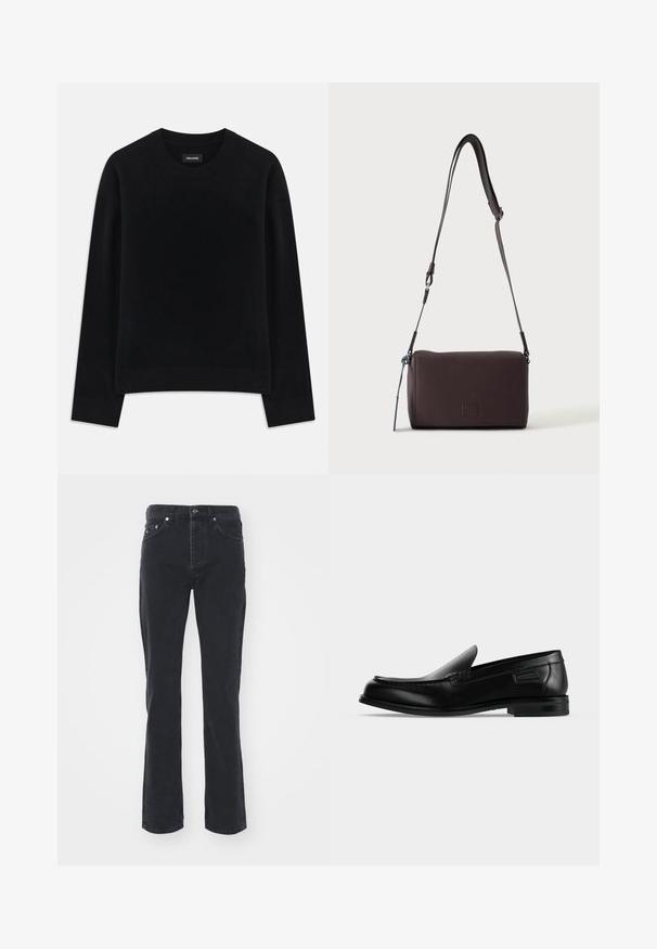 Sort sweater lavet af blødt stof, med rund hals, lange ærmer, afslappet pasform og ribbet kant. Enkelt, ensfarvet design uden mønstre.; Sorte denimjeans med lige ben-design, der har fem lommer og knappelukning. Stoffet har en subtil tekstur og en robust overflade.; Sort læder slip-on loafer med lav hæl, rundet tå og dekorative syninger langs øverste kant.; Mørkebrun textured læder crossbody taske med justerbar rem og lille dekorativ blå accent på siden.