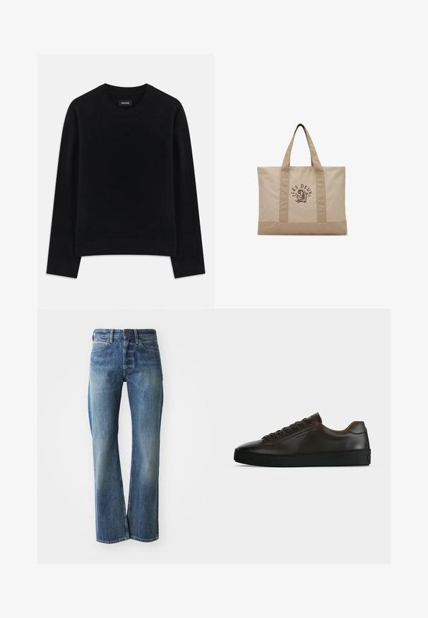 Pull noir en tissu doux, à col rond, à manches longues, avec une coupe décontractée et un ourlet côtelé. Design simple et uni, sans motifs.; Jeans en denim de couleur bleu clair à moyen, coupe droite, design classique à cinq poches et décoloration subtile à l'avant.; Baskets basses en cuir marron foncé avec semelle en caoutchouc noire, lacets à l'avant et design minimaliste épuré sur fond clair.; Sac cabas en toile beige avec deux anses et le texte ""LES DEUX"" ainsi que le logo imprimés en marron foncé au centre avant.
