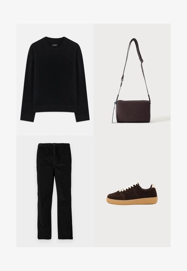 Pull noir en tissu doux, à col rond, à manches longues, avec une coupe décontractée et un ourlet côtelé. Design simple et uni, sans motifs.; Pantalons en velours noirs à jambes droites avec une taille élastique et un cordon de serrage à l'avant, présentés sur un fond blanc uni.; Baskets en daim marron foncé avec lacets blancs, languette beige au talon et semelle en caoutchouc marron clair vues de côté sur un fond uni.; Sac bandoulière en cuir marron foncé texturé avec une sangle réglable et un petit accent décoratif bleu sur le côté.
