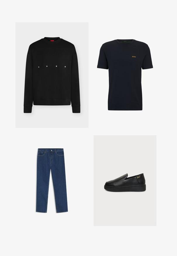 Sweat-shirt noir à manches longues col rond avec "HUGO" imprimé en lettres blanches espacées sur la poitrine.; T-shirt en coton bleu marine avec manches courtes, col rond et un petit logo doré "BOSS" sur la poitrine. Texture douce, style décontracté.; Jean denim bleu foncé à jambes droites, cinq poches et fermeture à bouton à la taille, présenté à plat sur fond blanc.; Chaussure plateforme noire en cuir à enfiler, avec une semelle épaisse et un petit logo doré "HUGO" près du talon sur un fond clair uni.
