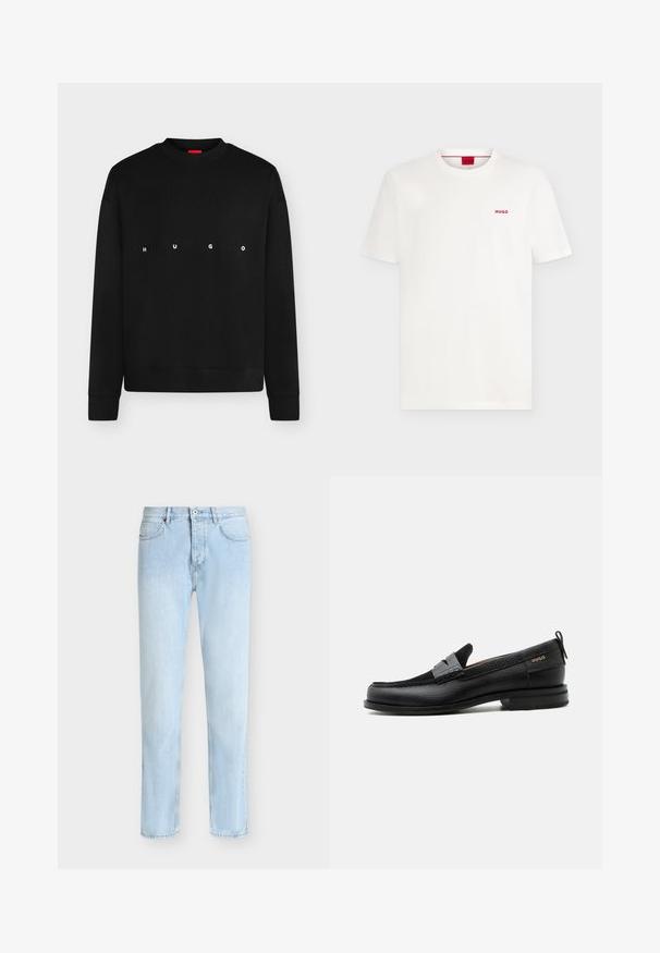 Sweat-shirt noir à manches longues col rond avec "HUGO" imprimé en lettres blanches espacées sur la poitrine.; T-shirt blanc uni à manches courtes et col rond avec petit logo rouge "HUGO" sur la poitrine gauche et une étiquette rouge à l'intérieur du col.; Jean denim bleu clair à jambes droites avec cinq poches, passants pour ceinture, fermeture à bouton et zip à l'avant.; Mocassin en cuir noir avec détail de bride grise, talon bas et semelle texturée, marqué "HUGO" en or sur le côté.