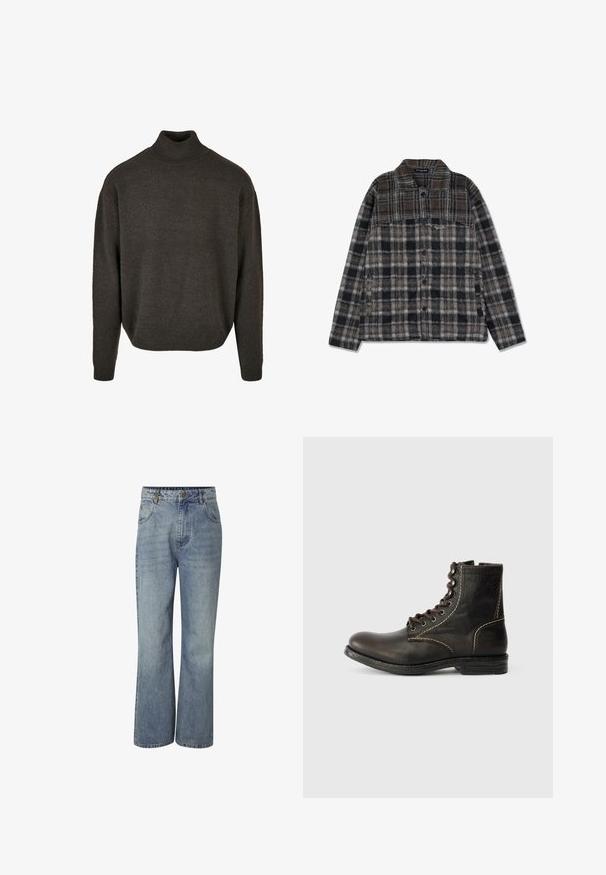 Pull en maille brun à col roulé avec une coupe décontractée, poignets et ourlet côtelés. Présente une texture douce et ne comporte aucun motif ou embellissement visible.; Veste chemise en flanelle à carreaux mettant en avant des tons terreux de brun, noir et gris, avec une fermeture à boutons, deux poches latérales et une texture douce.; Jean en denim bleu taille haute avec jambes larges, fermeture à boutons sur le devant, passants pour ceinture et poches devant et derrière.; Bottine en cuir marron avec un bout arrondi, design à sept œillets, couture blanche et surface texturée. Semelle en caoutchouc robuste, style classique.