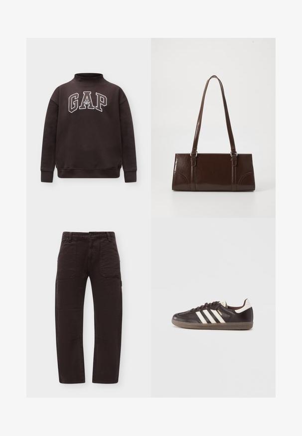 Sweat-shirt marron foncé avec col montant et manches longues, avec un grand texte "GAP Original" blanc avec contour sur la poitrine.; Pantalon marron foncé à jambe droite avec poches plaquées à l'avant, passants pour ceinture et fermeture par bouton à la taille.; Baskets en cuir marron foncé avec un design à trois bandes blanches, une semelle en caoutchouc et l'inscription "Samba" en lettres dorées sur le côté. Forme classique basse.; Sac à main en cuir verni marron de forme rectangulaire, avec deux longues poignées et des accents courbés subtils à l'avant.