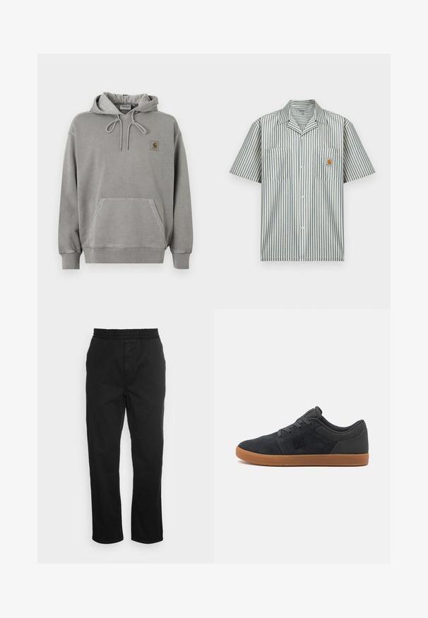 Ανοιχτό γκρι φούτερ Carhartt με κουκούλα, μπροστινή τσέπη καγκουρό, κορδόνι στην κουκούλα, ριμπ μανσέτες και μικρό λογότυπο της μάρκας στο στήθος.; Πουκάμισο με κοντά μανίκια, κουμπιά και ρίγες σε μπλε και εκρού βαμβάκι, με δύο τσέπες στο στήθος και μικρό έμβλημα στην αριστερή τσέπη.; Μαύρο βαμβακερό παντελόνι με ελαστική μέση, ίσια πόδια και πλαϊνές τσέπες. Απαλή υφή χωρίς σχέδια ή διακοσμητικά στοιχεία.; Μαύρα γκρι σουέτ αθλητικά παπούτσια με καφέ ελαστική σόλα, διαθέτοντας ένα μαύρο λογότυπο στο πλάι και υφασμάτινες λεπτομέρειες στην επάνω επιφάνεια.