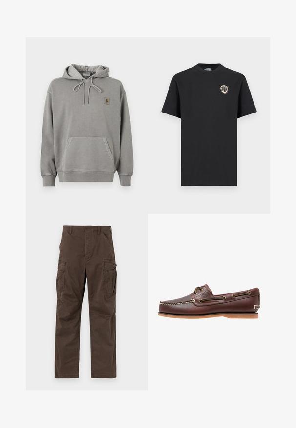 Ανοιχτό γκρι φούτερ Carhartt με κουκούλα, μπροστινή τσέπη καγκουρό, κορδόνι στην κουκούλα, ριμπ μανσέτες και μικρό λογότυπο της μάρκας στο στήθος.; Μαύρο T-shirt με κοντά μανίκια και στρογγυλή λαιμόκοψη, με μικρό κυκλικό μπεζ λογότυπο με σχέδιο φύλλου και κρανίου στην αριστερή πλευρά του στήθους.; Καφέ cargo παντελόνι με ίσια γραμμή, πλαϊνές τσέπες με καπάκια, εμπρόσθιες διαγώνιες τσέπες, θηλιές για ζώνη και κλείσιμο με κουμπί.; Καφέ δερμάτινο παπούτσι για ιστιοπλοΐα με λευκά ραφές, λεπτομέρειες κορδονιών και ταμπά λαστιχένια σόλα, εμφανιζόμενο από το πλάι σε λευκό φόντο.