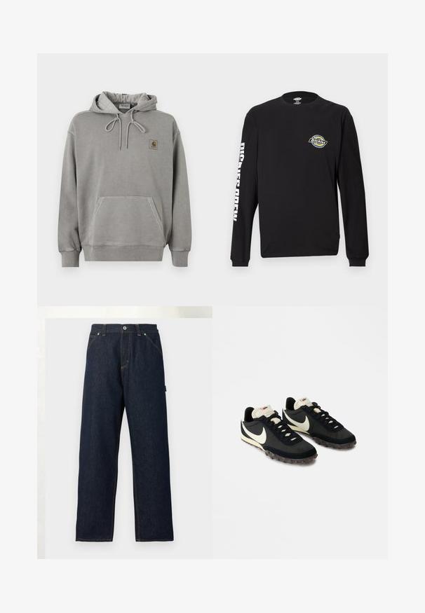 Ανοιχτό γκρι φούτερ Carhartt με κουκούλα, μπροστινή τσέπη καγκουρό, κορδόνι στην κουκούλα, ριμπ μανσέτες και μικρό λογότυπο της μάρκας στο στήθος.; Μαύρο T-shirt με μακριά μανίκια από βαμβάκι. Φέρει κυκλικό λογότυπο στο στήθος και το κείμενο «Dickies Crew» τυπωμένο λευκό στη μανσέτα.; Σκούρο μπλε τζιν με ίσιο κόψιμο και ίσια παντελόνια, με μπροστινές τσέπες, θηλιές για τη ζώνη και κουμπί στο ύψος της μέσης, πάνω σε απλό φόντο.; Μαύρα αθλητικά παπούτσια με υφή στο επάνω μέρος, λευκό λογότυπο swoosh και καουτσούκ σόλα με μικρά καρφιά για πρόσφυση. Κρέμα χρώματος κολάρο.