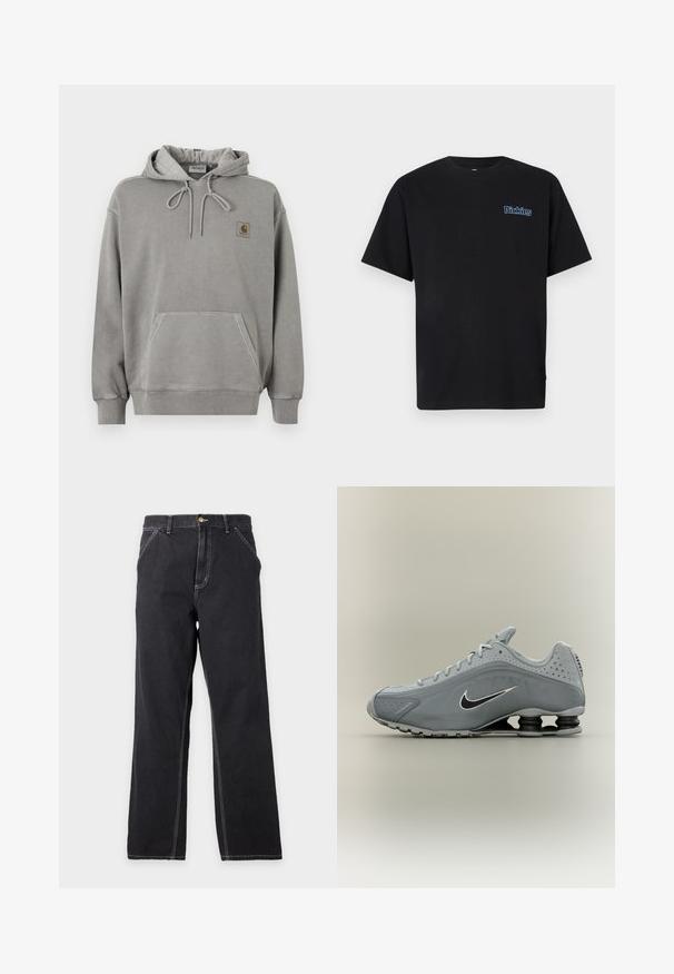 Ανοιχτό γκρι φούτερ Carhartt με κουκούλα, μπροστινή τσέπη καγκουρό, κορδόνι στην κουκούλα, ριμπ μανσέτες και μικρό λογότυπο της μάρκας στο στήθος.; Μαύρο βαμβακερό t-shirt με κοντά μανίκια και στρογγυλή λαιμόκοψη. Διαθέτει μπλε κεντημένο λογότυπο «Dickies» στην αριστερή πλευρά του στήθους.; Μαύρο τζιν με ίσια γραμμή, μπροστινές τσέπες, θηλιές για ζώνη και ορατό λευκό ράψιμο σε απλό ανοιχτό γκρι φόντο.; Γκρι αθλητικό παπούτσι Nike με μαύρο και λευκό λογότυπο swoosh, σχεδιασμό με κορδόνια και μοναδική απορρόφηση κραδασμών σε σχήμα ελατηρίου στην περιοχή της φτέρνας της σόλας.