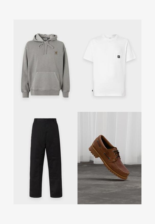Ανοιχτό γκρι φούτερ Carhartt με κουκούλα, μπροστινή τσέπη καγκουρό, κορδόνι στην κουκούλα, ριμπ μανσέτες και μικρό λογότυπο της μάρκας στο στήθος.; Λευκό βαμβακερό μπλουζάκι με στρογγυλή λαιμόκοψη, κοντά μανίκια και τσέπη στο στήθος με μαύρο λογότυπο. Λείος υφασμάτινος ιστός, άνετη εφαρμογή.; Μαύρο παντελόνι από ανθεκτικό ύφασμα, με άνετη γραμμή, φαρδιά μπατζάκια, μπροστινές τσέπες και ενισχυμένες λεπτομέρειες στα γόνατα.; Καφέ δερμάτινο παπούτσι τύπου boat με μαύρα κορδόνια, μπεζ ραφές και ανθεκτική σόλα, αιωρούμενο πάνω από γκρι τσιμεντόλιθο.