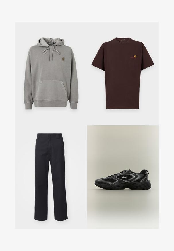 Ανοιχτό γκρι φούτερ Carhartt με κουκούλα, μπροστινή τσέπη καγκουρό, κορδόνι στην κουκούλα, ριμπ μανσέτες και μικρό λογότυπο της μάρκας στο στήθος.; Καφέ βαμβακερό μπλουζάκι με κοντά μανίκια, στρογγυλή λαιμόκοψη, λογότυπο στο αριστερό στήθος σε πορτοκαλί και κόκκινο χρώμα, ευθεία ραφή και χαλαρή εφαρμογή.; Μαύρο παντελόνι με ίσια γραμμή, φτιαγμένο από ύφασμα βαμβακερού με μείγμα. Διαθέτει επίπεδη μέση με θηλιές ζώνης και χωρίς ορατές αξεσουάρ ή στολίδια.; Μαύρο και γκρι αθλητικό παπούτσι με διχτυωτές επιφάνειες, σχέδιο με κορδόνια, παχύ πάτο και μικρό λογότυπο κροκοδείλου στο πλάι.