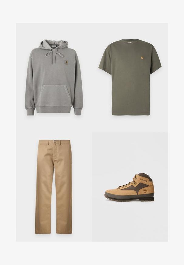 Ανοιχτό γκρι φούτερ Carhartt με κουκούλα, μπροστινή τσέπη καγκουρό, κορδόνι στην κουκούλα, ριμπ μανσέτες και μικρό λογότυπο της μάρκας στο στήθος.; Λαδί πράσινο μπλουζάκι με στρογγυλή λαιμόκοψη, κοντά μανίκια, κατασκευασμένο από βαμβάκι, με μικρό πορτοκαλί λογότυπο στην αριστερή περιοχή του στήθους.; Παντελόνια σε καμηλό χρώμα κατασκευασμένα από απαλό βαμβακερό ύφασμα, με κλασικό σχεδιασμό ίσιας γραμμής, μπροστινές τσέπες και μια μοναδική πίσω τσέπη.; Καφέ σουέτ μποτάκι πεζοπορίας με σκούρες καφέ λεπτομέρειες, μεταλλικές οπές και αντιολισθητική σόλα. Λογότυπο Timberland εγχάρακτο στο πλάι. Σχεδίαση μέσου τύπου.