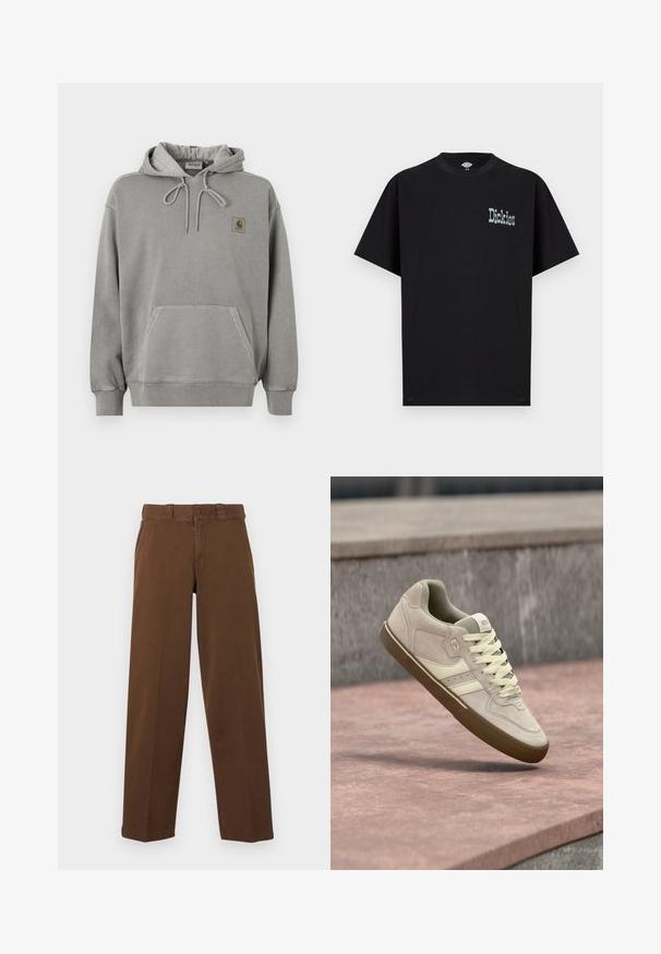 Ανοιχτό γκρι φούτερ Carhartt με κουκούλα, μπροστινή τσέπη καγκουρό, κορδόνι στην κουκούλα, ριμπ μανσέτες και μικρό λογότυπο της μάρκας στο στήθος.; Μαύρο κοντομάνικο βαμβακερό T-shirt με εμπρόσθιο γραφικό λογότυπο "Dickies" σε αντίθετο ανοιχτό χρώμα. Σχεδίαση με κανονική λαιμόκοψη.; Καφέ παντελόνι με ίσια γραμμή, κλείσιμο με κουμπί και φερμουάρ, θηλιές για ζώνη και πλαϊνές τσέπες, που παρουσιάζεται σε ανοιχτό φόντο.; Μπεζ σουέντ αθλητικό παπούτσι με ανοιχτόκίτρινες λεπτομέρειες, με υφή στην επιφάνεια, στρογγυλεμένη μυτερή μύτη και λαστιχένια σόλα, εμφανιζόμενο στον αέρα.