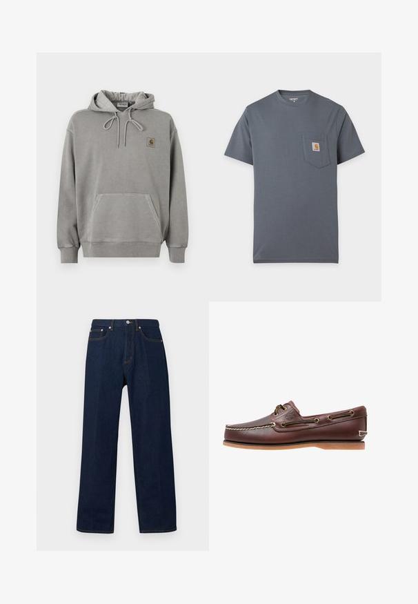 Ανοιχτό γκρι φούτερ Carhartt με κουκούλα, μπροστινή τσέπη καγκουρό, κορδόνι στην κουκούλα, ριμπ μανσέτες και μικρό λογότυπο της μάρκας στο στήθος.; Γκρι κοντομάνικο T-shirt με μπροστινή τσέπη που διαθέτει μικρό τετράγωνο λογότυπο Carhartt στο στήθος.; Σκούρο μπλε τζιν παντελόνι με ίσια γραμμή, κουμπιά μπροστά, κλείσιμο με φερμουάρ και πεντάτσεπο σχέδιο πάνω σε μονόχρωμο φόντο.; Καφέ δερμάτινο παπούτσι για ιστιοπλοΐα με λευκά ραφές, λεπτομέρειες κορδονιών και ταμπά λαστιχένια σόλα, εμφανιζόμενο από το πλάι σε λευκό φόντο.