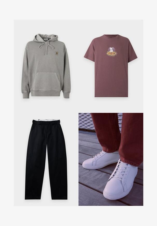 Ανοιχτό γκρι φούτερ Carhartt με κουκούλα, μπροστινή τσέπη καγκουρό, κορδόνι στην κουκούλα, ριμπ μανσέτες και μικρό λογότυπο της μάρκας στο στήθος.; Σκούρο μωβ κοντομάνικο T-shirt με μια λευκή κινούμενη νυχτερίδα που κάθεται σε κίτρινο σχήμα ήλιου με το κείμενο "Volcom" στο κέντρο.; Μαύρο παντελόνι με λεία υφή, πλατιές γραμμές και μέση με θηλιές ζώνης. Σχεδιασμένο με πλευρικές τσέπες και καθαρή τελειώση.; Λευκά χαμηλά αθλητικά παπούτσια με λείο δερμάτινο υλικό, διαθέτουν οπές για κορδόνια στην ίδια απόχρωση και καουτσούκ σόλα, συνδυασμένα με κόκκινες υφασμάτινες παντελόνες με υφή.