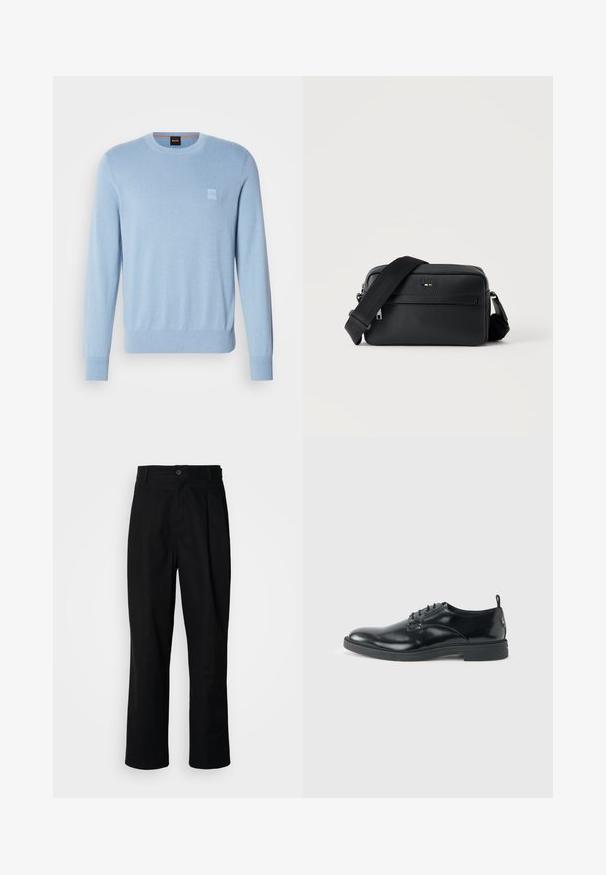Helles blaues Sweatshirt aus weichem Material, mit rundem Halsausschnitt, gerippten Bündchen und einem kleinen Logopatch auf der Brust.; Schwarze gerade geschnittene Hosen mit einem Knopfverschluss, Gürtelschlaufen und Vorderfalten, vor einem schlichten weißen Hintergrund präsentiert.; Glänzender schwarzer Lederschuh mit niedrigem Absatz, Schnürverschluss und runder Kappe, seitlich auf hellem, schlichten Hintergrund gezeigt.; Schwarze, strukturierte Leder-Crossbody-Tasche mit vorderer Reißverschlusstasche und verstellbarem breitem Stoff-Schulterriemen auf weißem Hintergrund.
